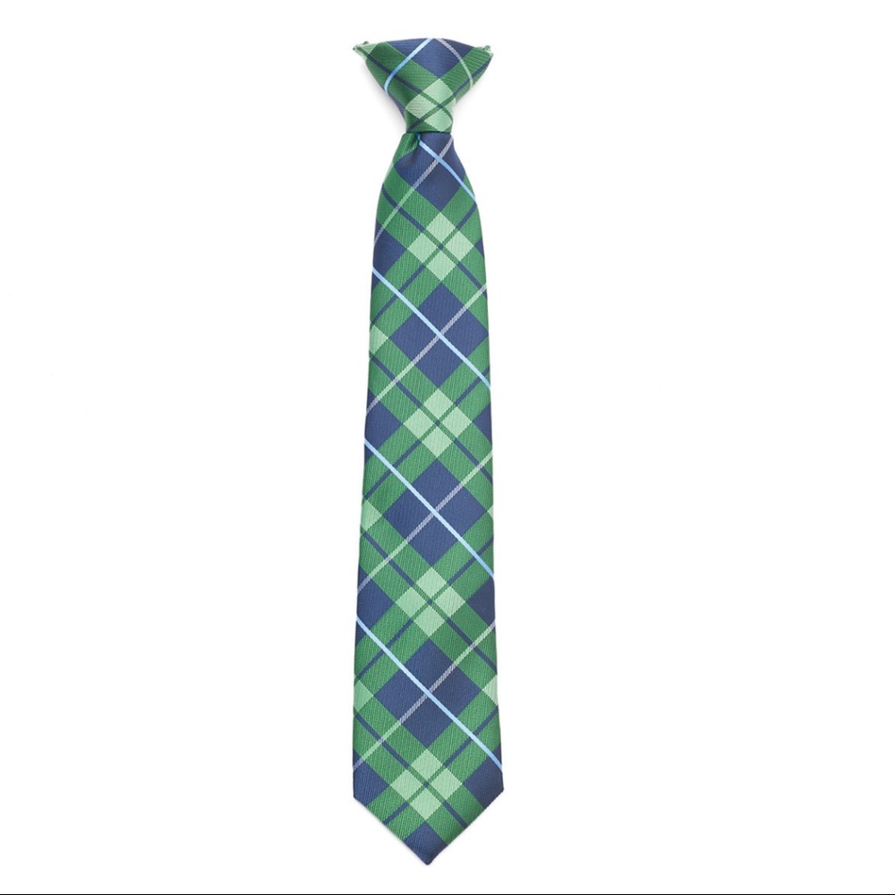 Chaps Boys Blue Green Plaid Clip-on Tie